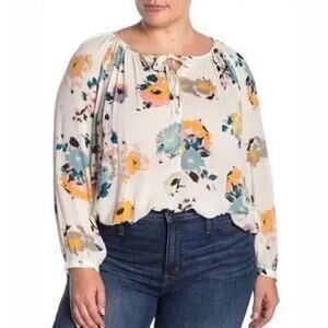 Lucky Brand Long Sleeve Ivory Floral Lightweight Flowy Boho Tie Neck Blouse 2X‎